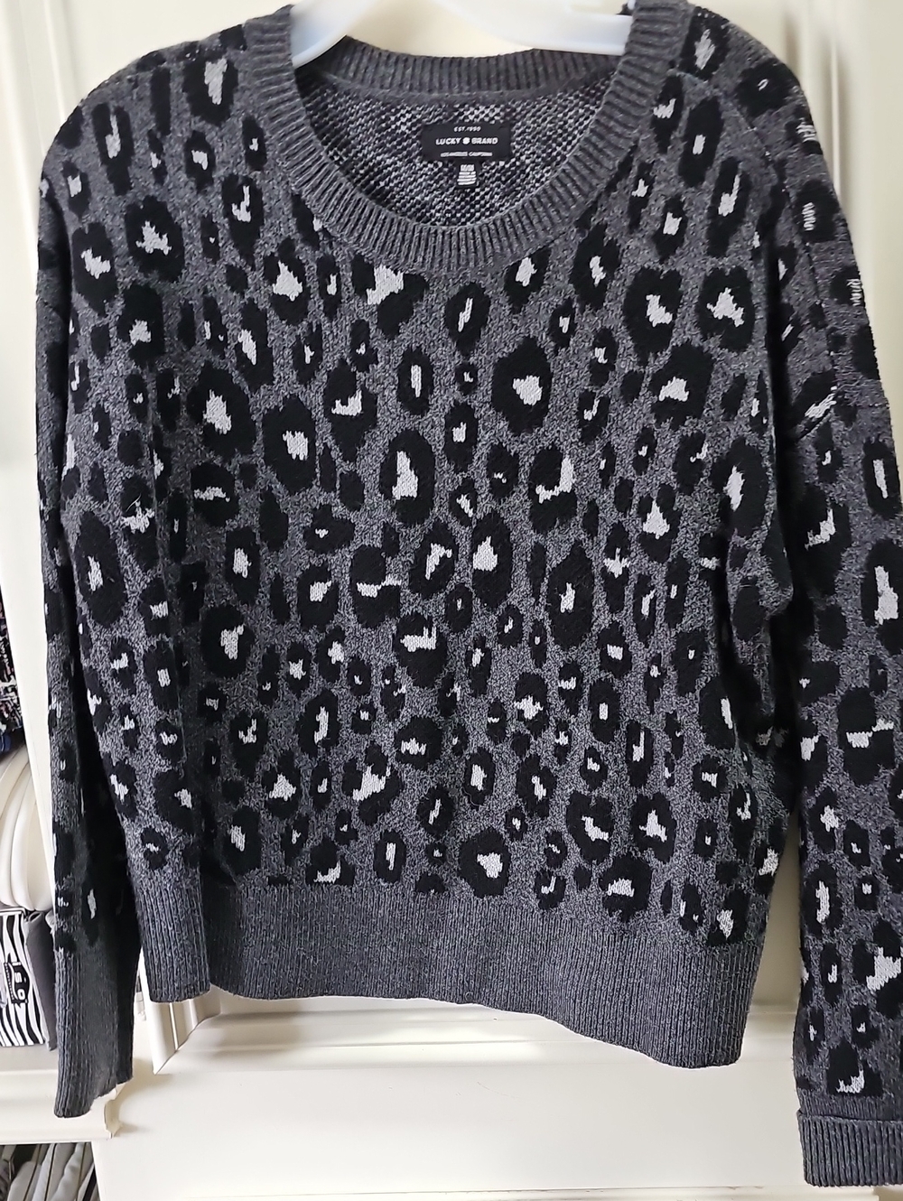 Lucky Brand Black and Gray Leopard-Print Crewneck Sweater